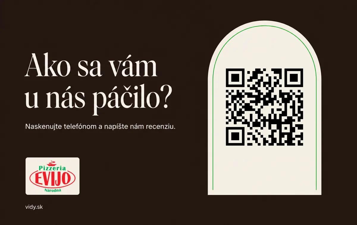 Vidy Card pre Pizzeriu EVIJO, koncept Okno — tmavé espresso pozadie, serifový nadpis Ako sa vám u nás páčilo?, QR kód v krémovom oblúku a logo prevádzky Národná