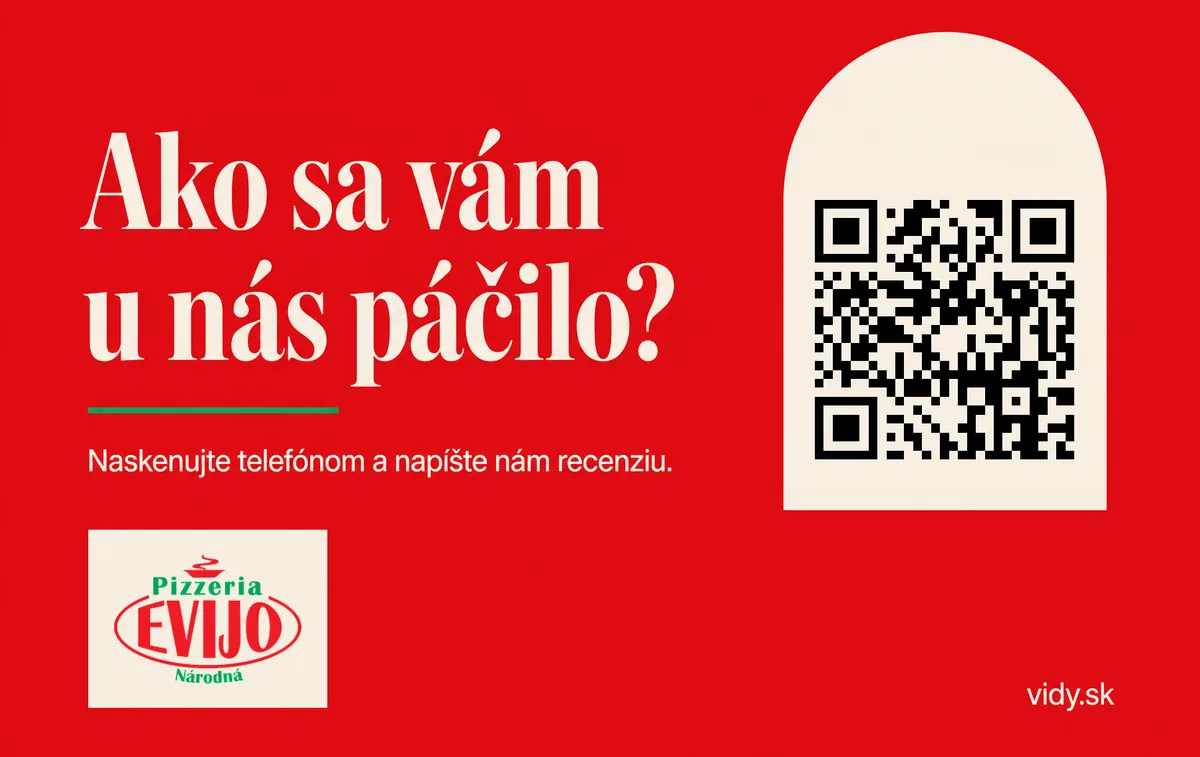 Vidy Card pre Pizzeriu EVIJO — červená kartička s nadpisom Ako sa vám u nás páčilo?, pokynom Naskenujte telefónom a napíšte nám recenziu, QR kódom v krémovom oblúku a logom prevádzky Národná