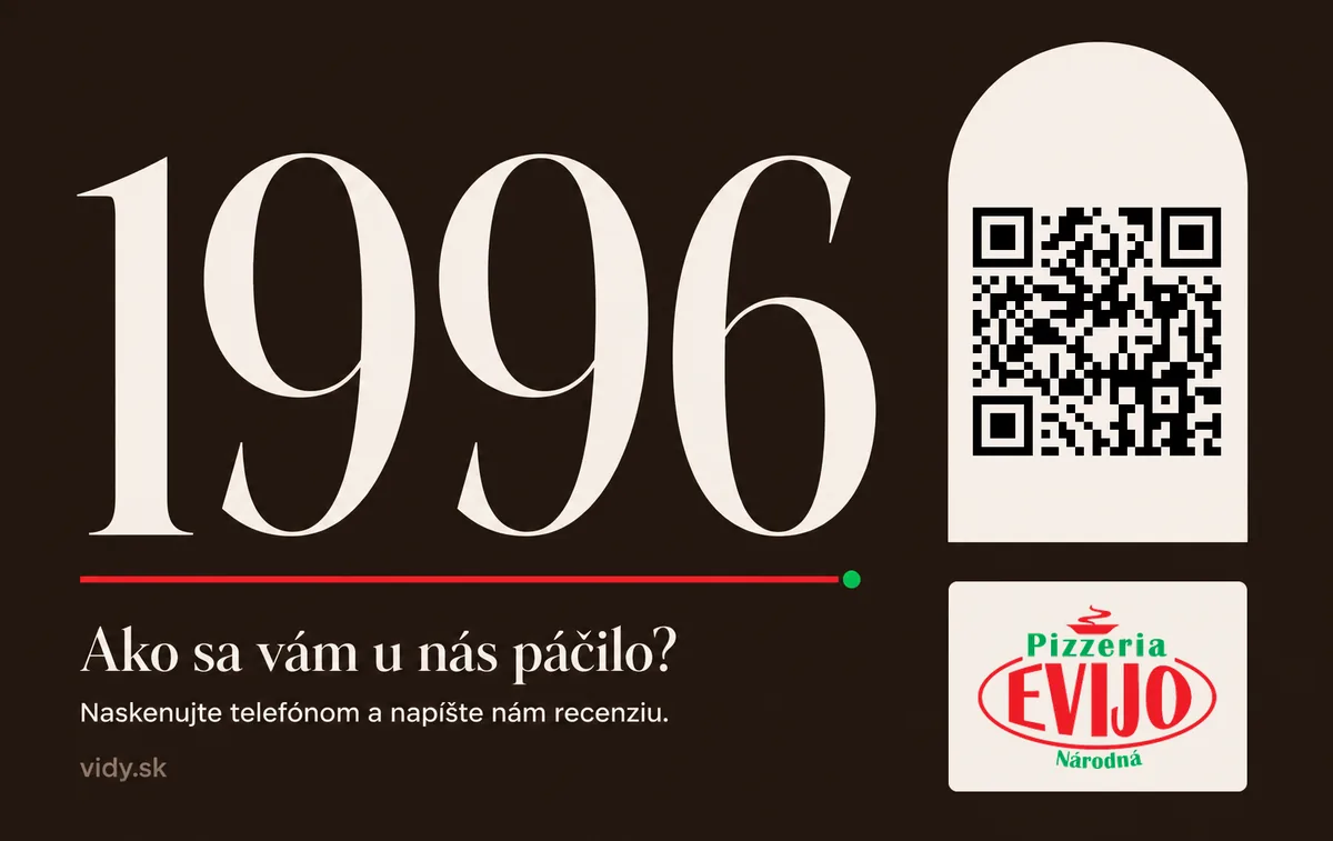 Vidy Card pre Pizzeriu EVIJO, koncept 1996 — veľký letopočet založenia cez celú kartu, QR kód a logo prevádzky v pravom stĺpci